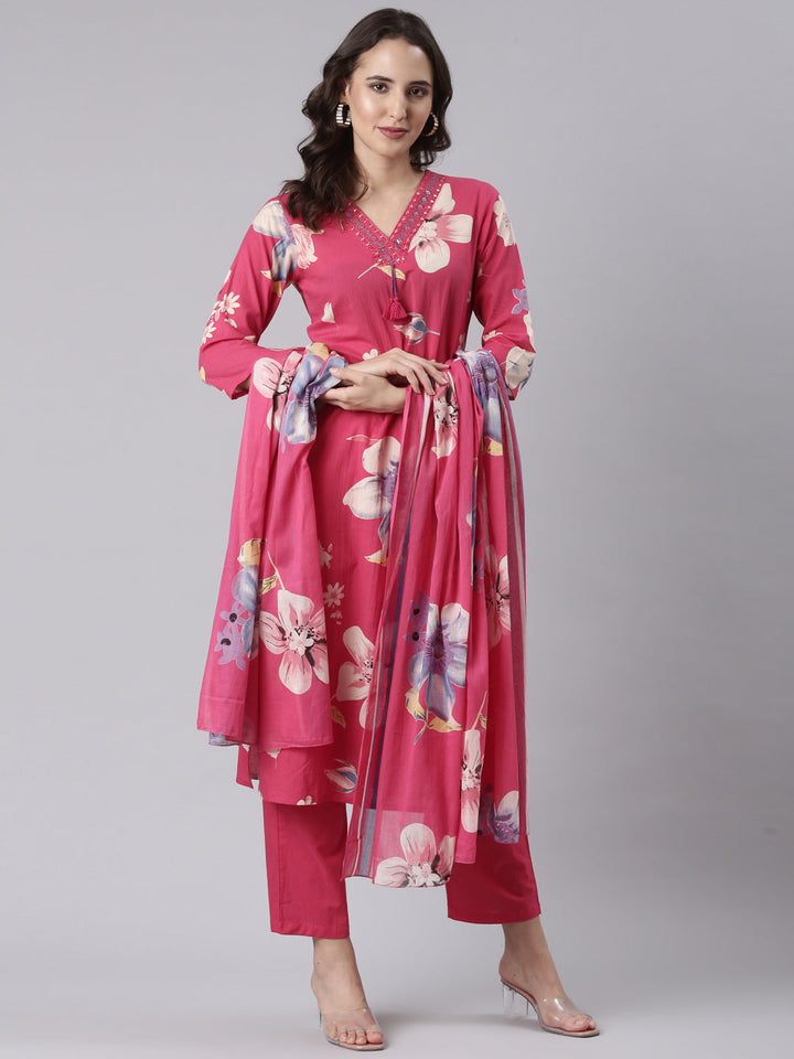 Magenta Cotton Printed Three Piece Set