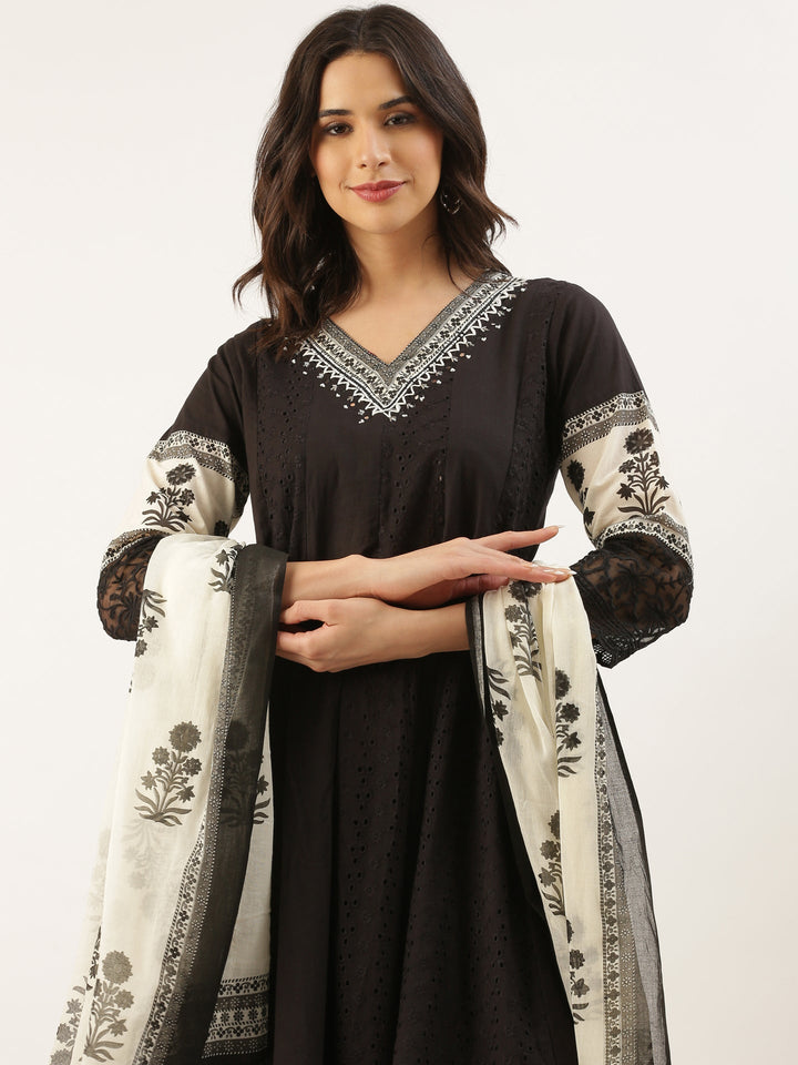 Black Chikan Anarkali Three Piece Suit Set