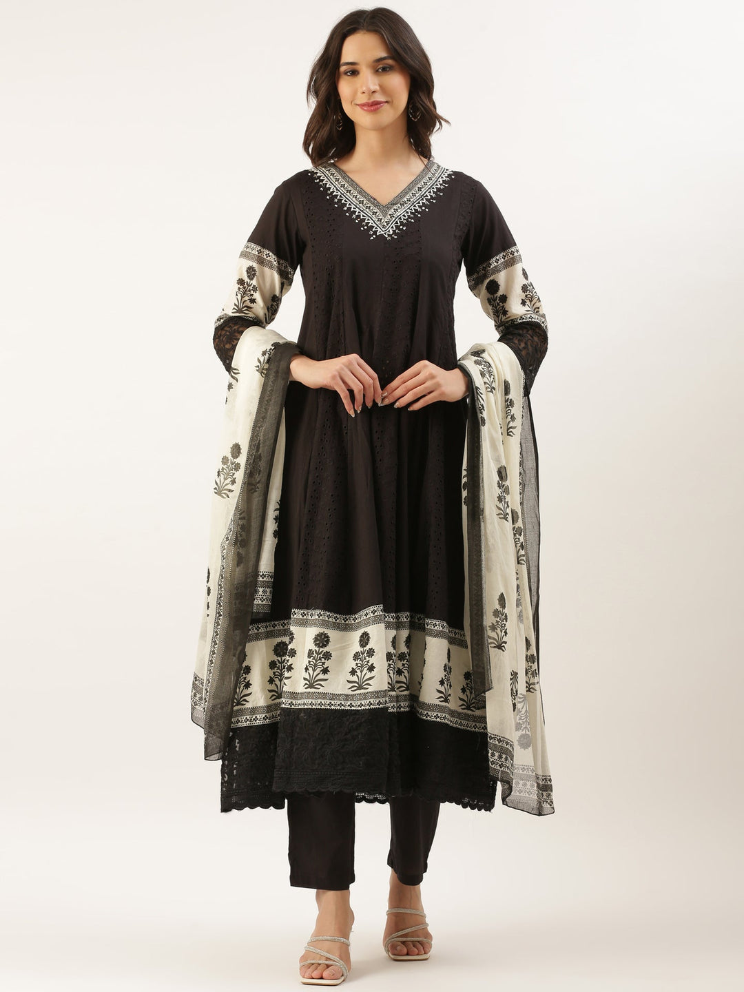 Neerus Black Chikankari Anarkali Suit Set - back view