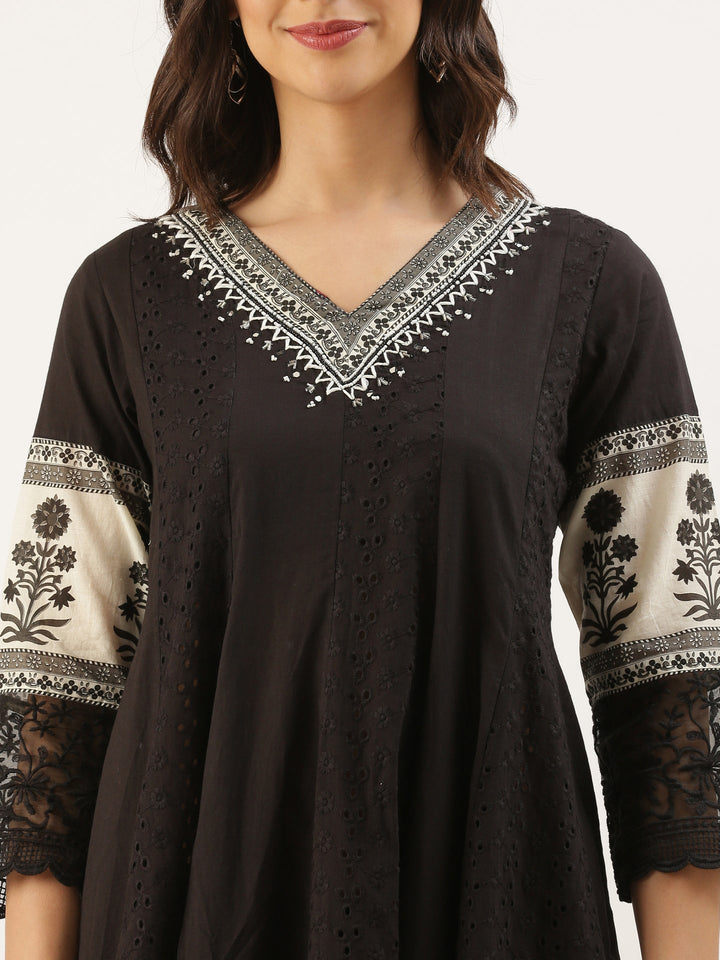 Black Chikan Anarkali Three Piece Suit Set