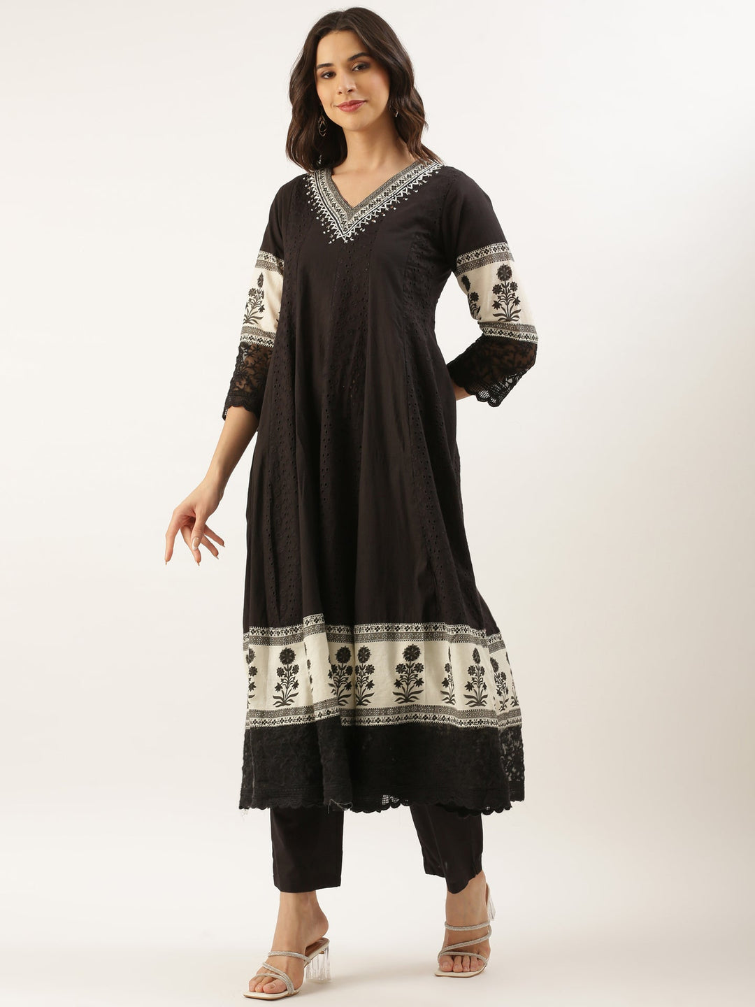Neerus Black Chikankari Anarkali Suit Set - side view