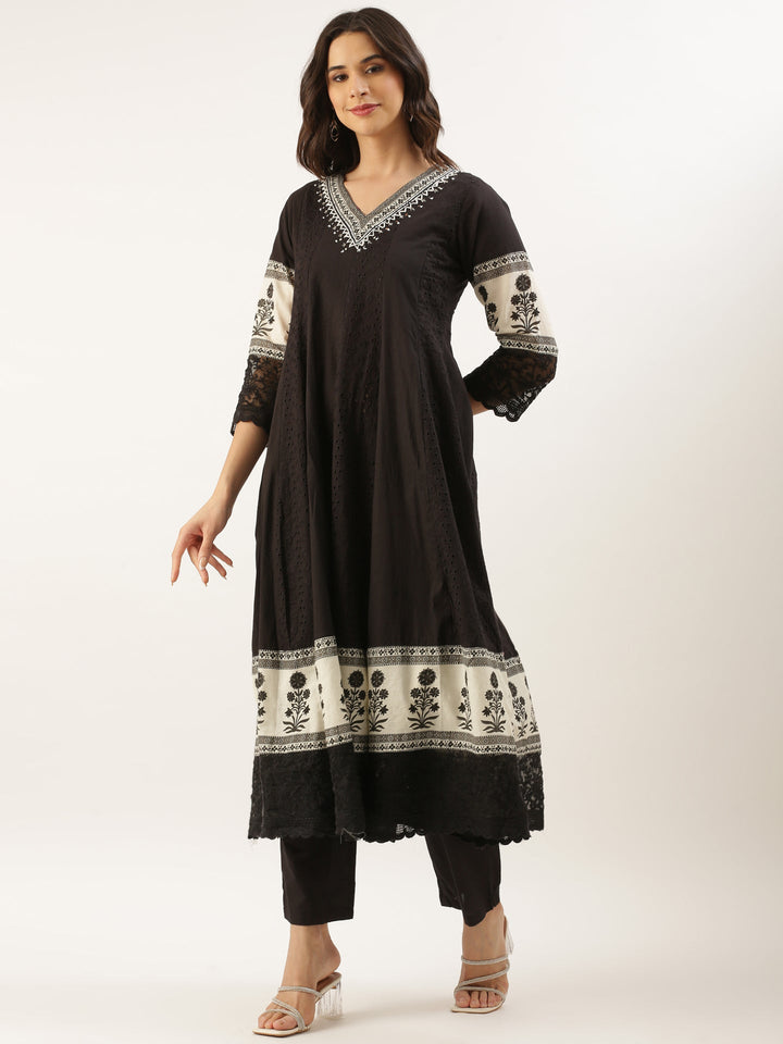 Black Chikan Anarkali Three Piece Suit Set