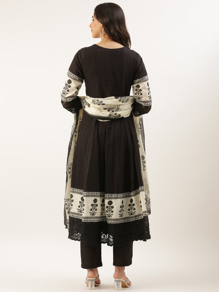 Neerus Black Chikankari Anarkali Suit Set - detail view 1