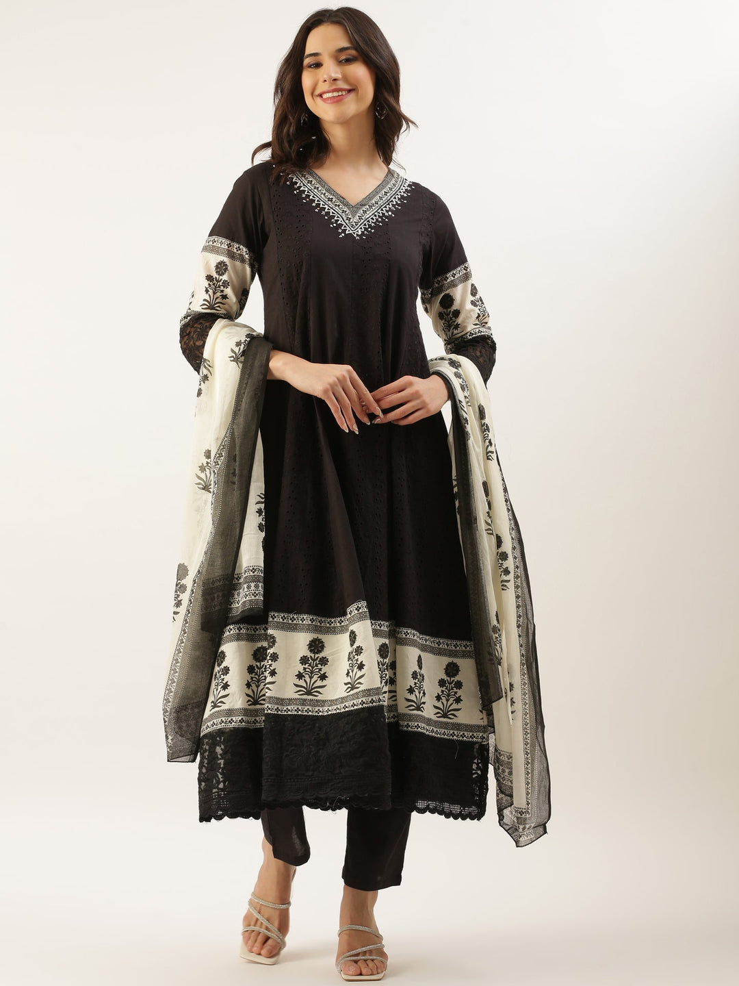Neerus Black Chikankari Anarkali Suit Set - front view