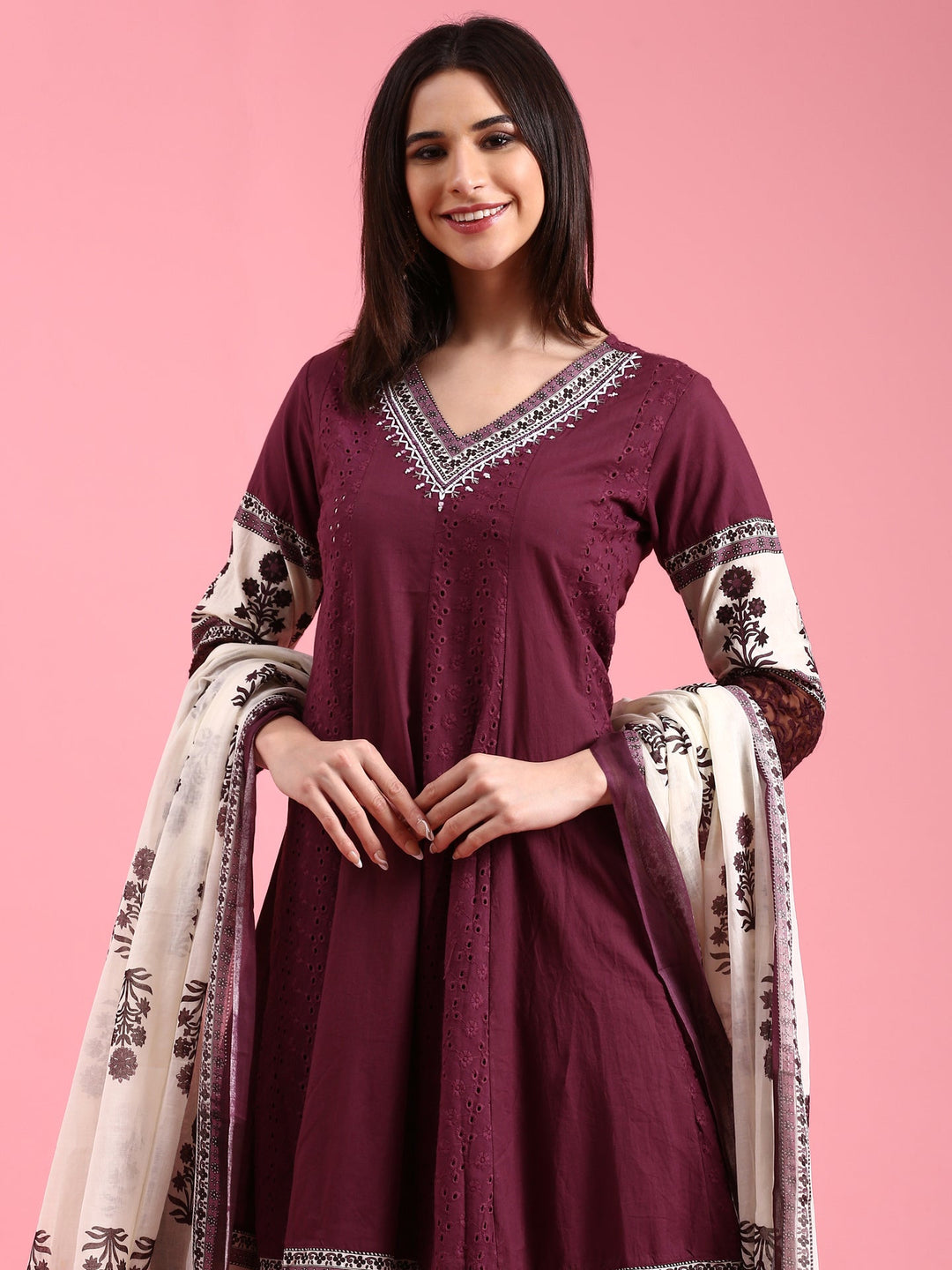 Neerus Purple chikankari anarkali suit set - detail view 2