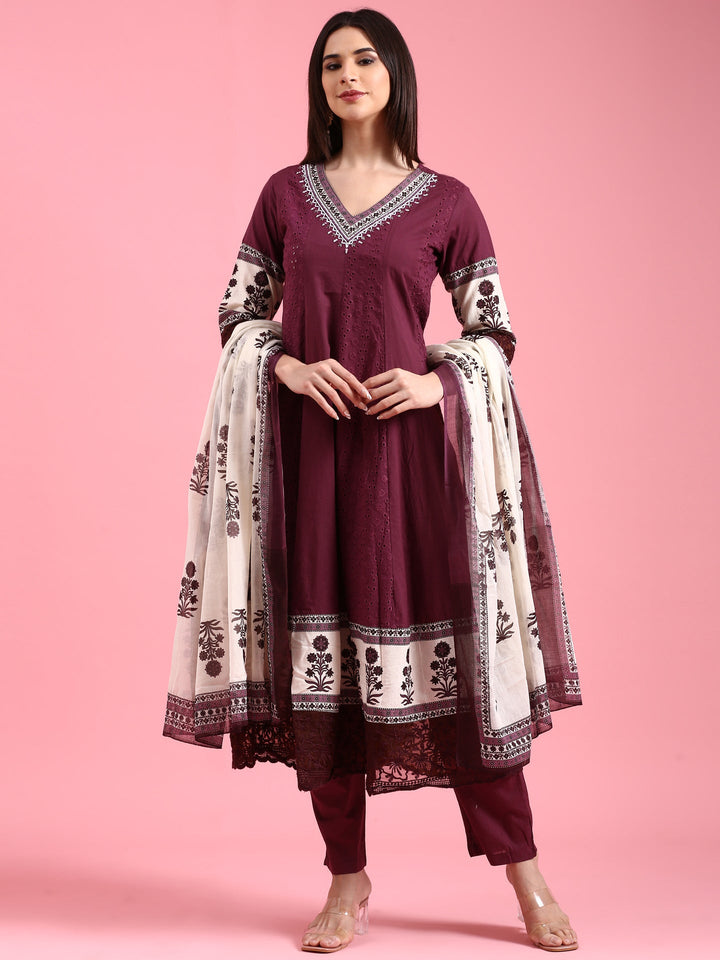 Neerus Purple chikankari anarkali suit set - front view