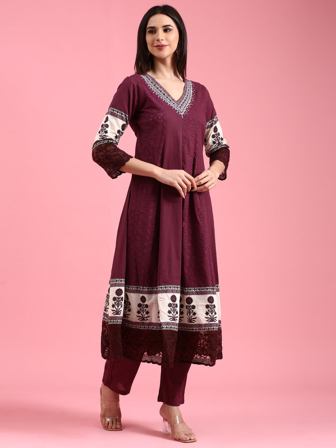 Neerus Purple chikankari anarkali suit set - back view