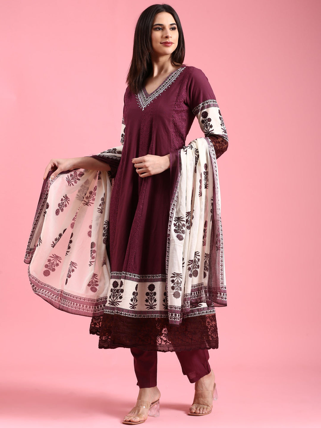 Neerus Purple chikankari anarkali suit set - detail view 3