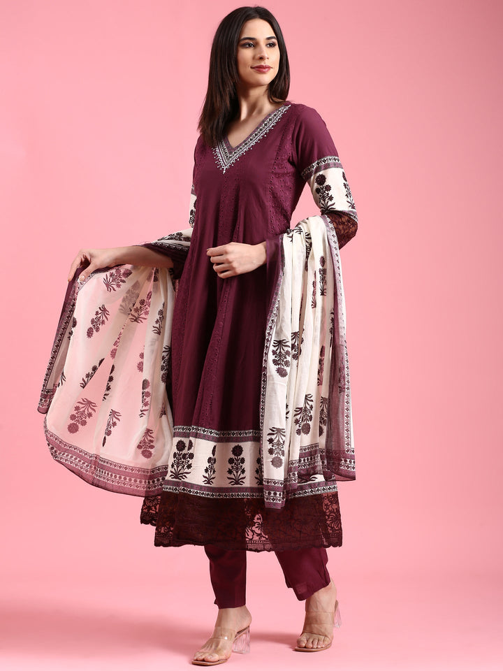 Neerus Purple chikankari anarkali suit set - detail view 3
