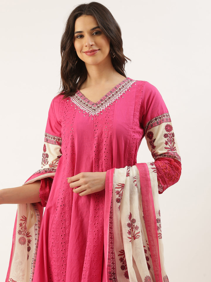Neerus Pink Chikankari Anarkali Suit Set - detail view 3