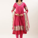Pink Chikan Anarkali Three Piece Suit Set