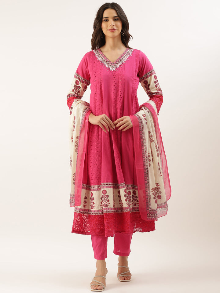 Neerus Pink Chikankari Anarkali Suit Set - front view