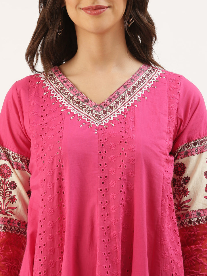 Pink Chikan Anarkali Three Piece Suit Set