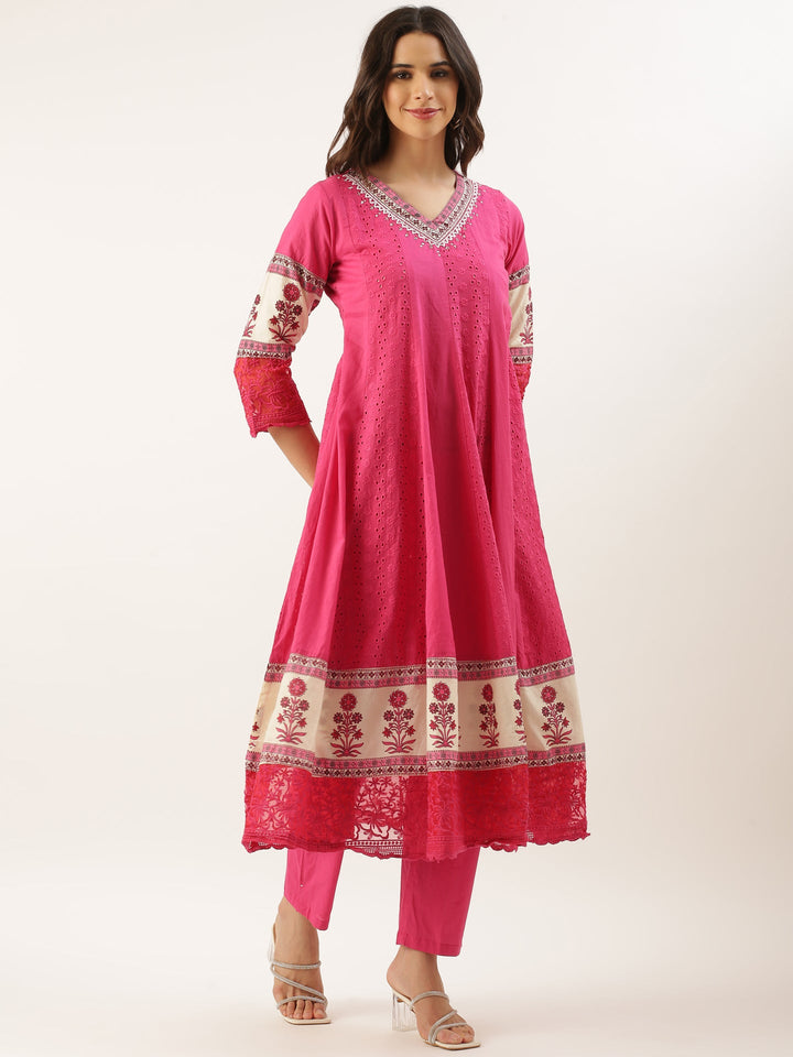 Neerus Pink Chikankari Anarkali Suit Set - back view