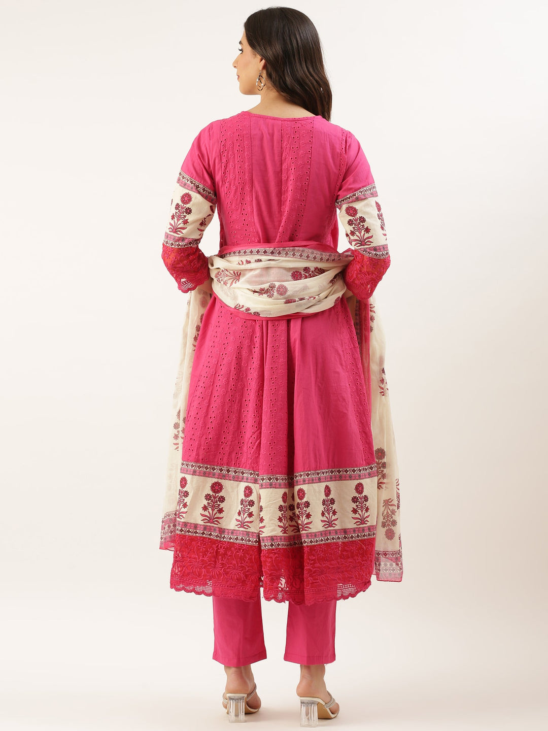 Neerus Pink Chikankari Anarkali Suit Set - side view