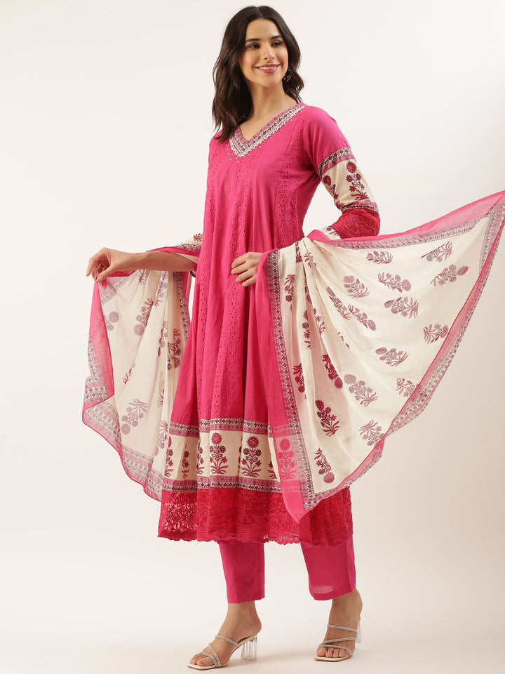 Pink Chikan Anarkali Three Piece Suit Set