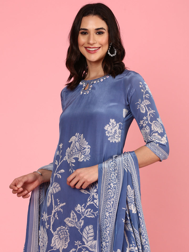 Neerus Blue Crepe Digital Printed Suit Set - back view