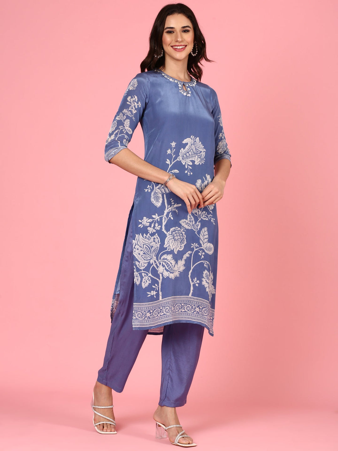Neerus Blue Crepe Digital Printed Suit Set - side view
