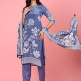 Blue Crepe Digital printed three piece suit Set