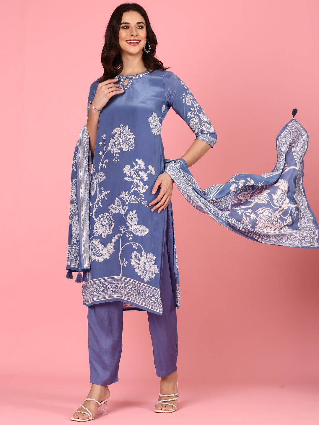 Neerus Blue Crepe Digital Printed Suit Set - front view