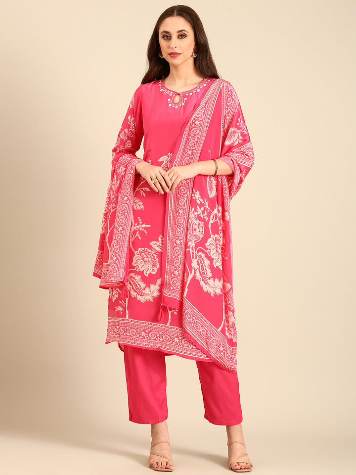 Neerus Pink crepe hand embroidered suit set - front view