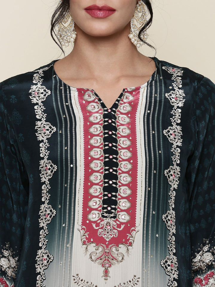 Deep Green Crepe Digital printed Three piece suit set