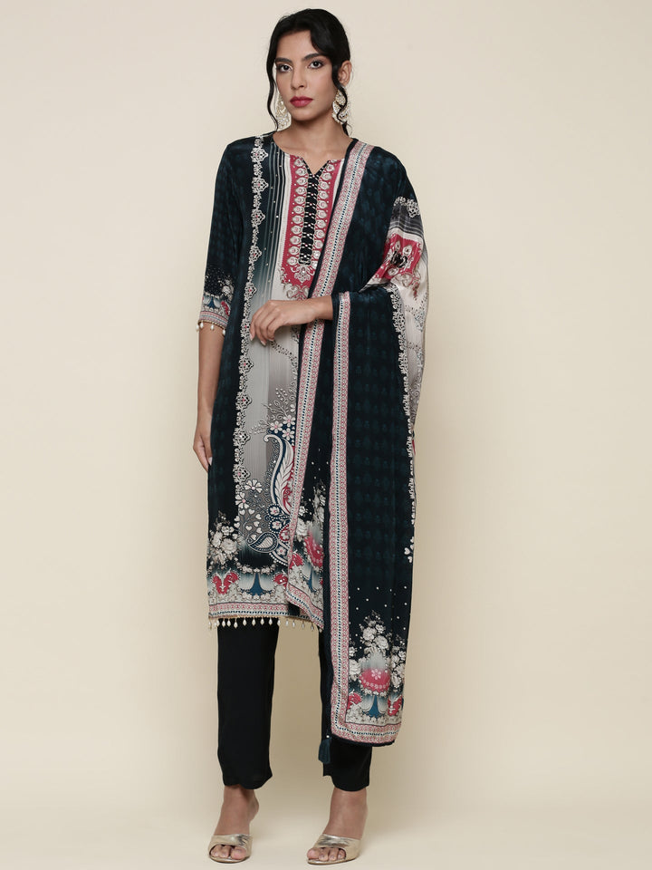 Deep Green Crepe Digital printed Three piece suit set