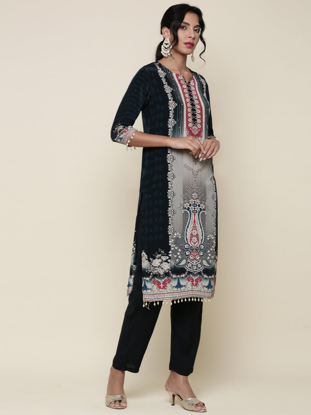 Neerus Green Crepe Digital Printed Suit Set - side view
