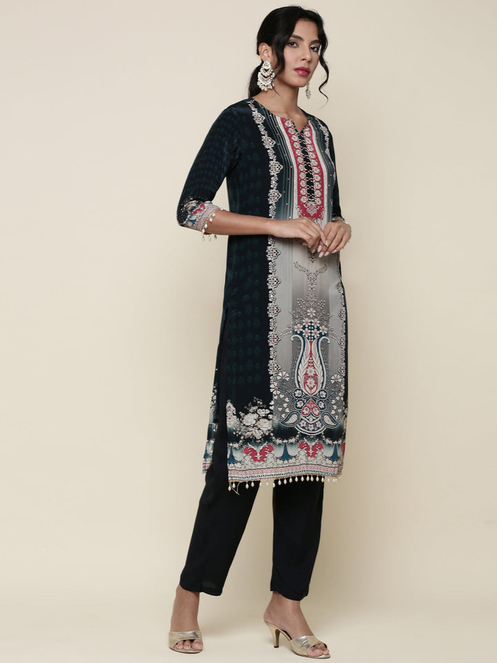 Deep Green Crepe Digital printed Three piece suit set