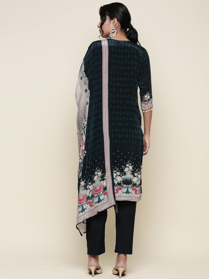 Deep Green Crepe Digital printed Three piece suit set