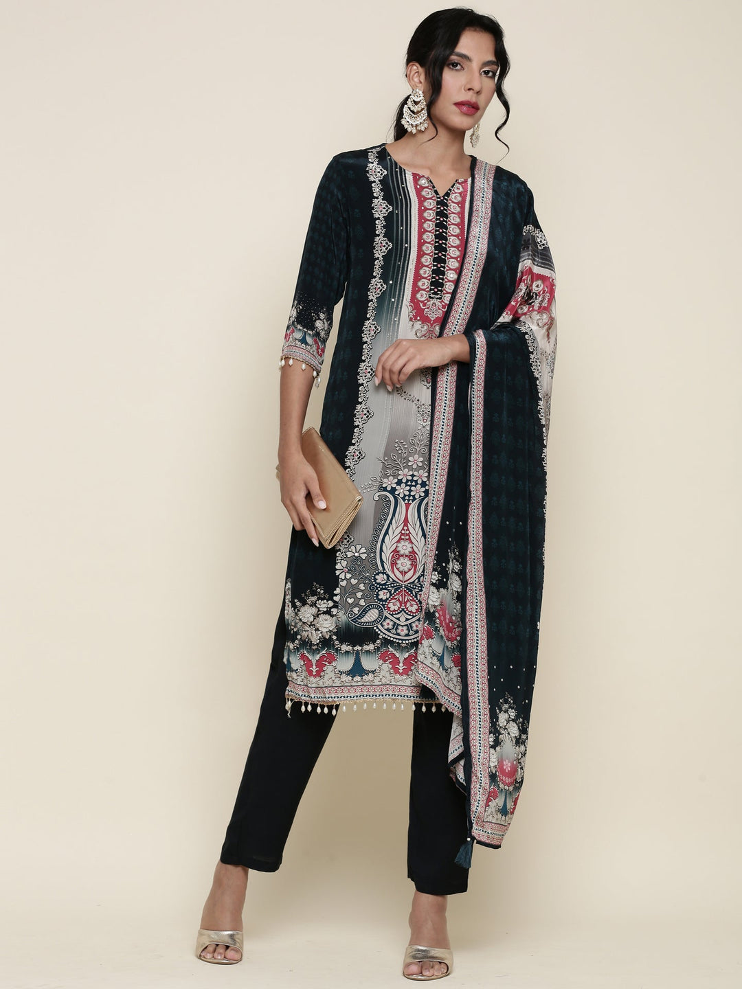 Neerus Green Crepe Digital Printed Suit Set - front view