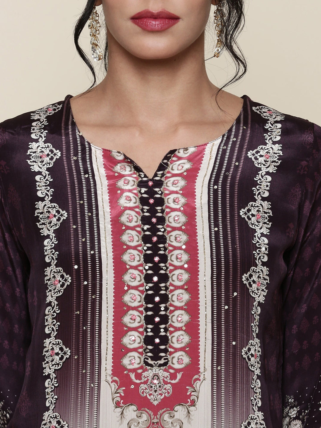Neerus Maroon crepe digital printed suit set - detail view 1