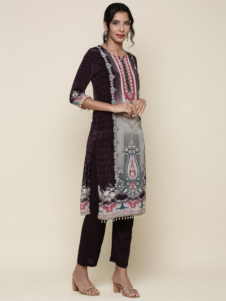 Neerus Maroon crepe digital printed suit set - back view