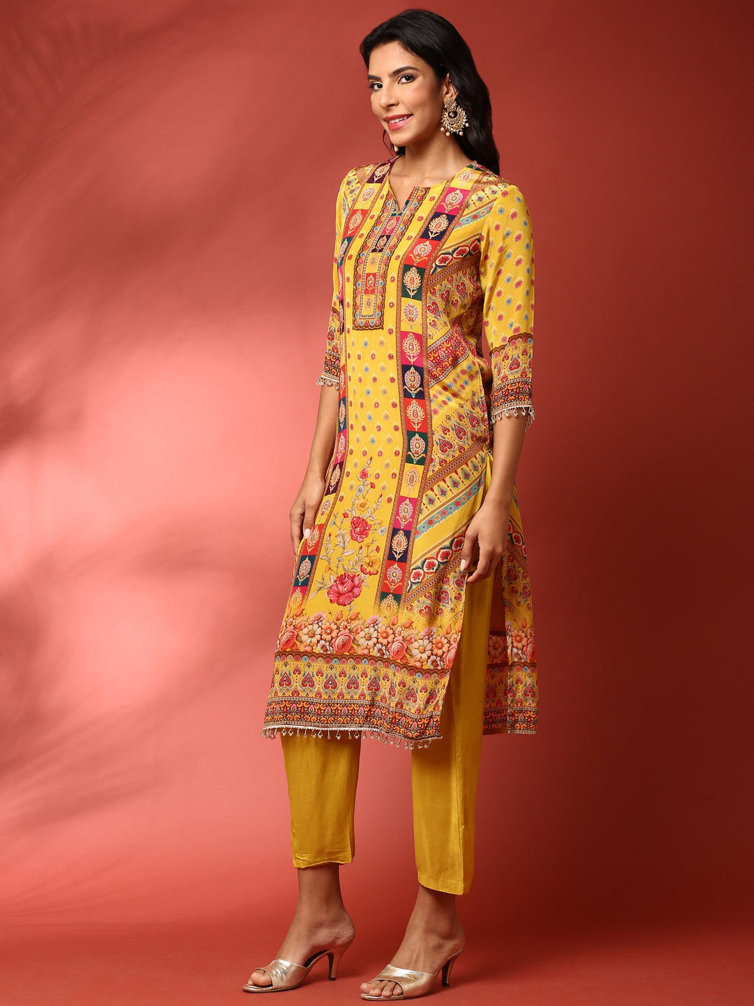 Neerus Yellow crepe digital printed suit set - side view