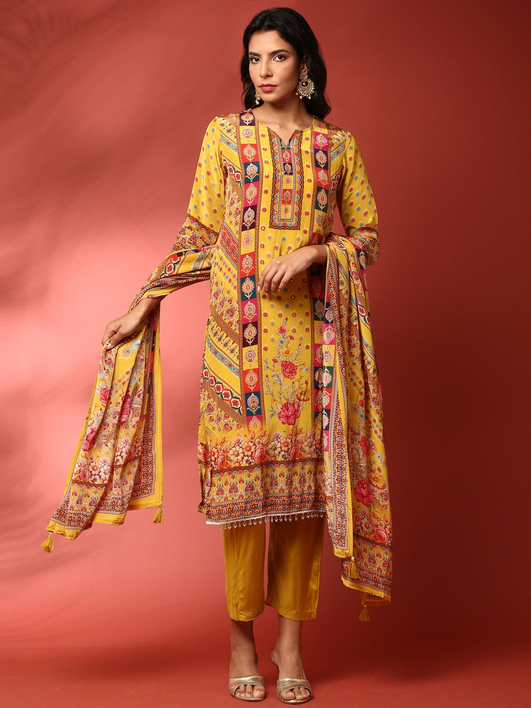 Neerus Yellow crepe digital printed suit set - front view