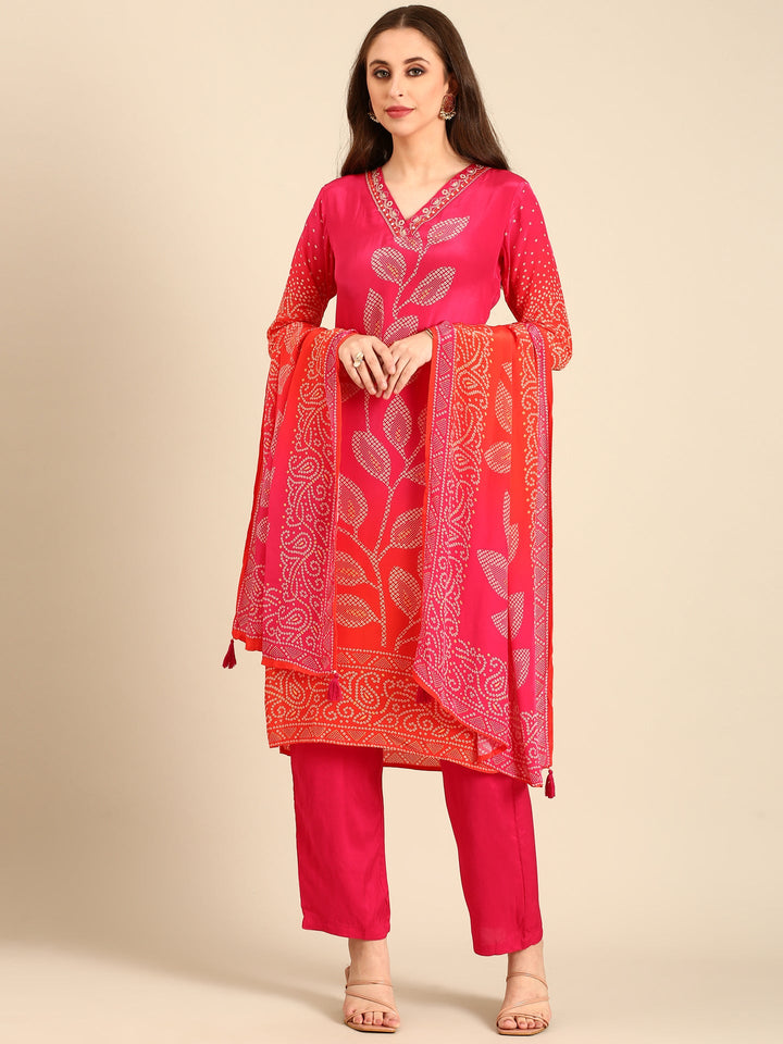 Neerus Red crepe mirror work bandhani suit set - front view