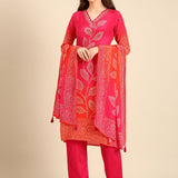 Red two colored crepe bandhani printed three piece suit set