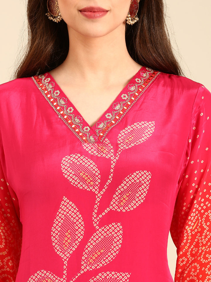 Red two colored crepe bandhani printed three piece suit set