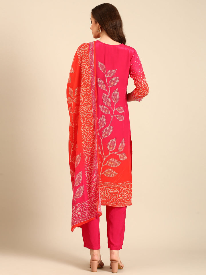 Neerus Red crepe mirror work bandhani suit set - side view