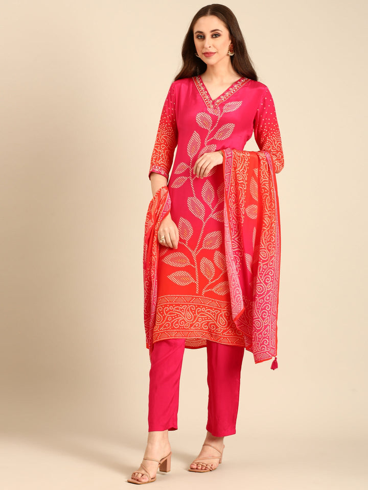 Neerus Red crepe mirror work bandhani suit set - detail view 2
