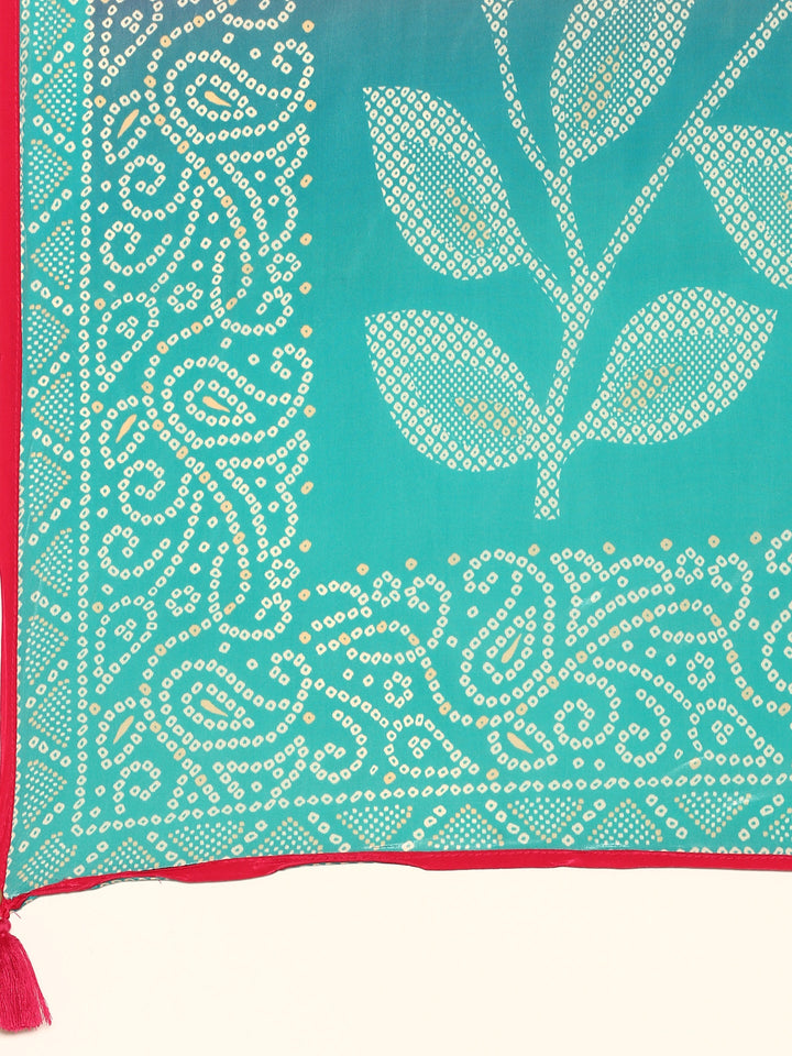 Green two colored crepe bandhani printed three piece suit set