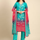 Green two colored crepe bandhani printed three piece suit set