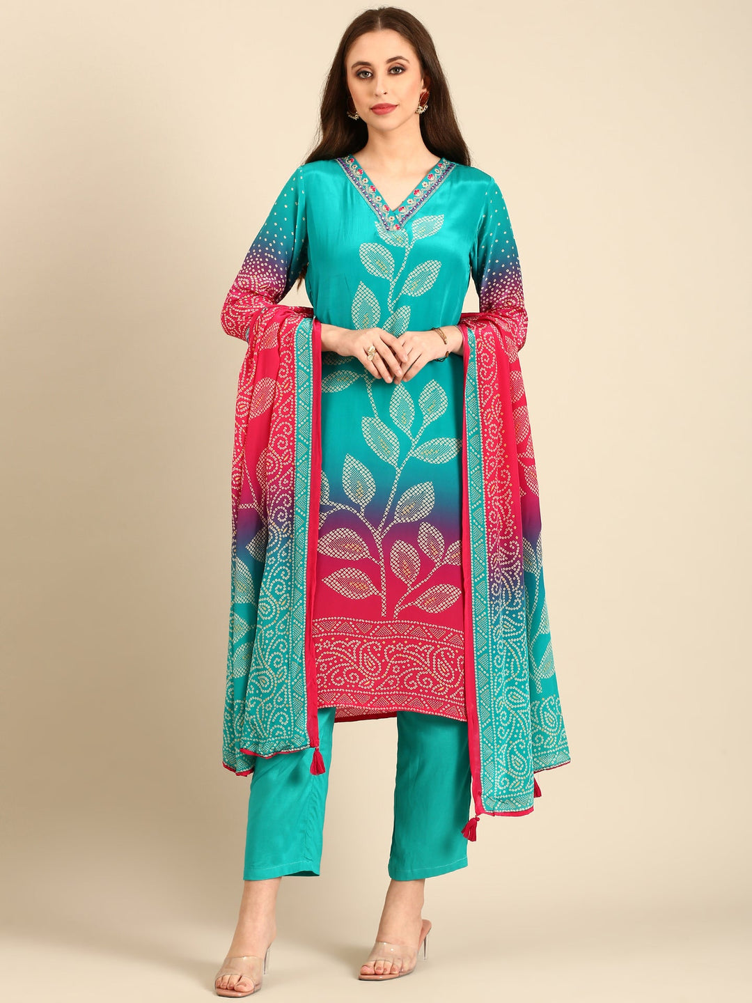 Neerus Green crepe bandhani printed suit set with mirror work - front view