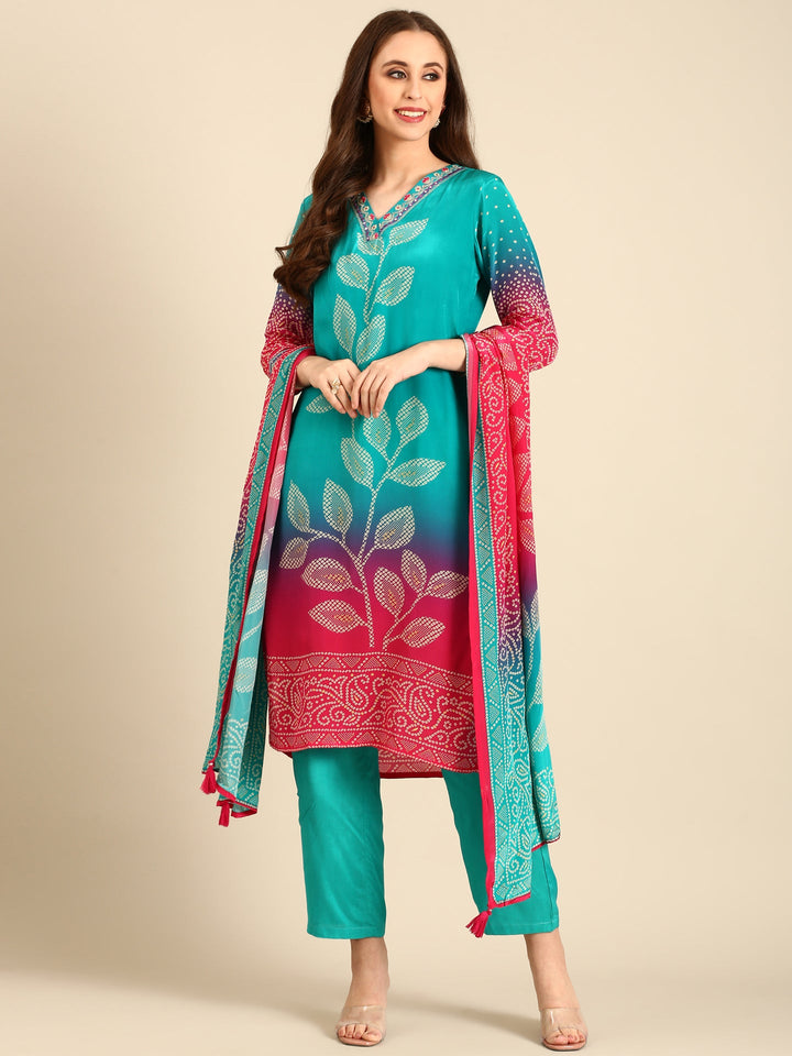 Green two colored crepe bandhani printed three piece suit set