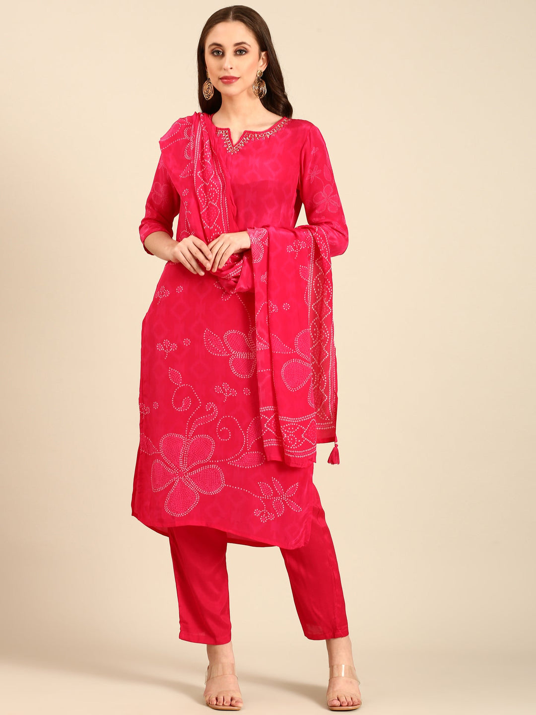 Neerus Pink crepe mirror work bandhani suit set - front view