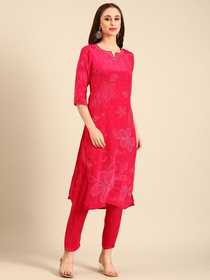 Neerus Pink crepe mirror work bandhani suit set - back view