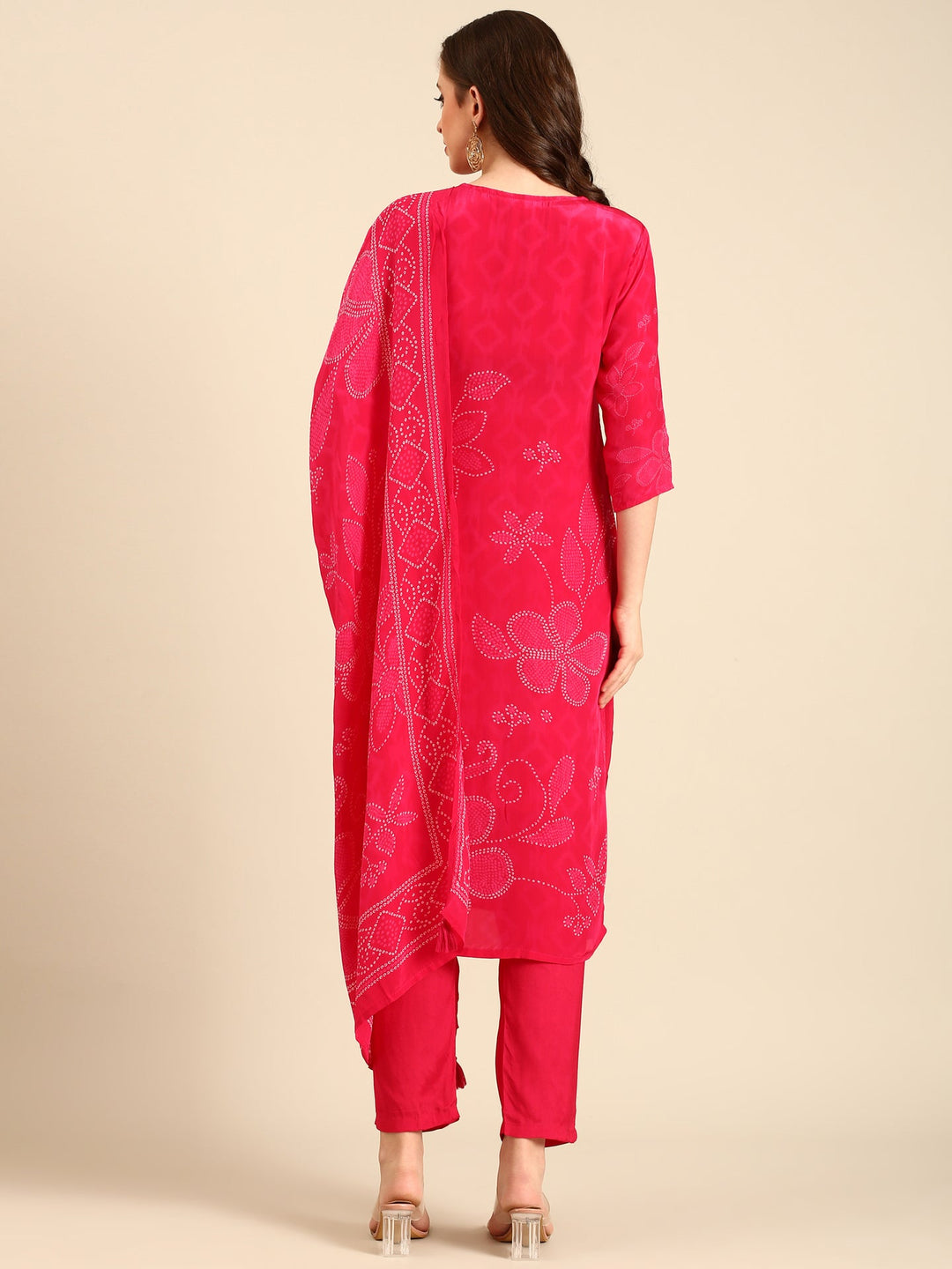 Neerus Pink crepe mirror work bandhani suit set - side view