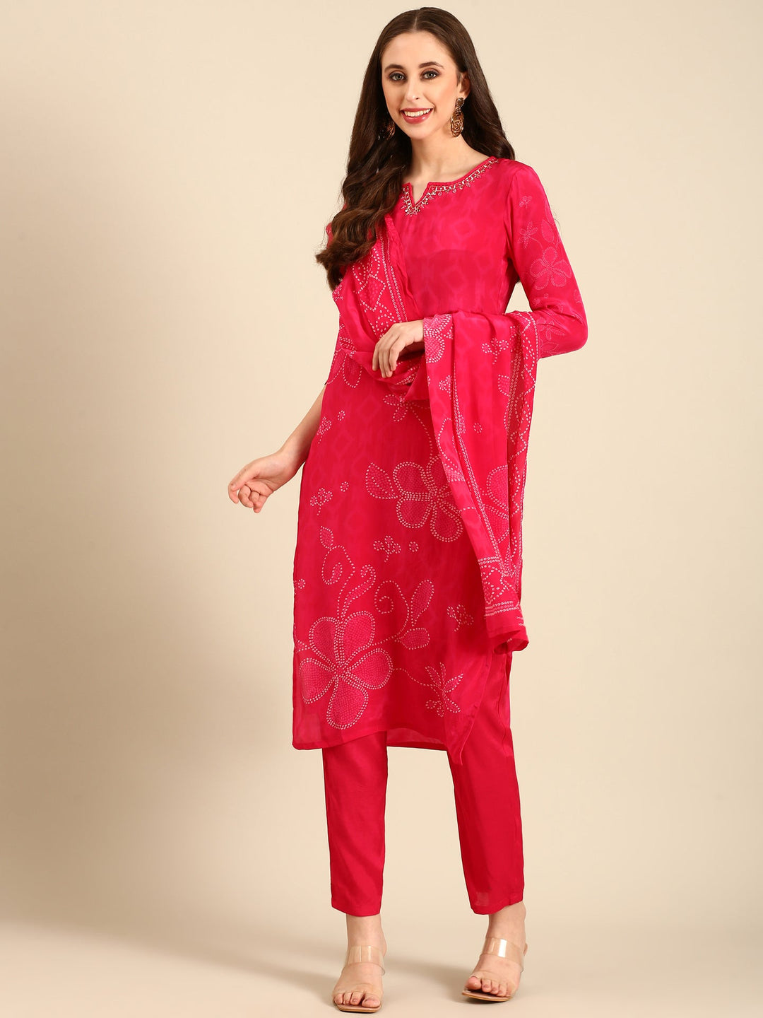 Neerus Pink crepe mirror work bandhani suit set - detail view 2