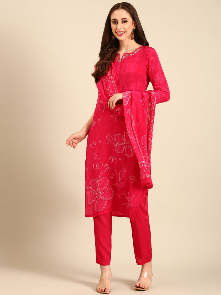 Neerus Pink crepe mirror work bandhani suit set - detail view 2