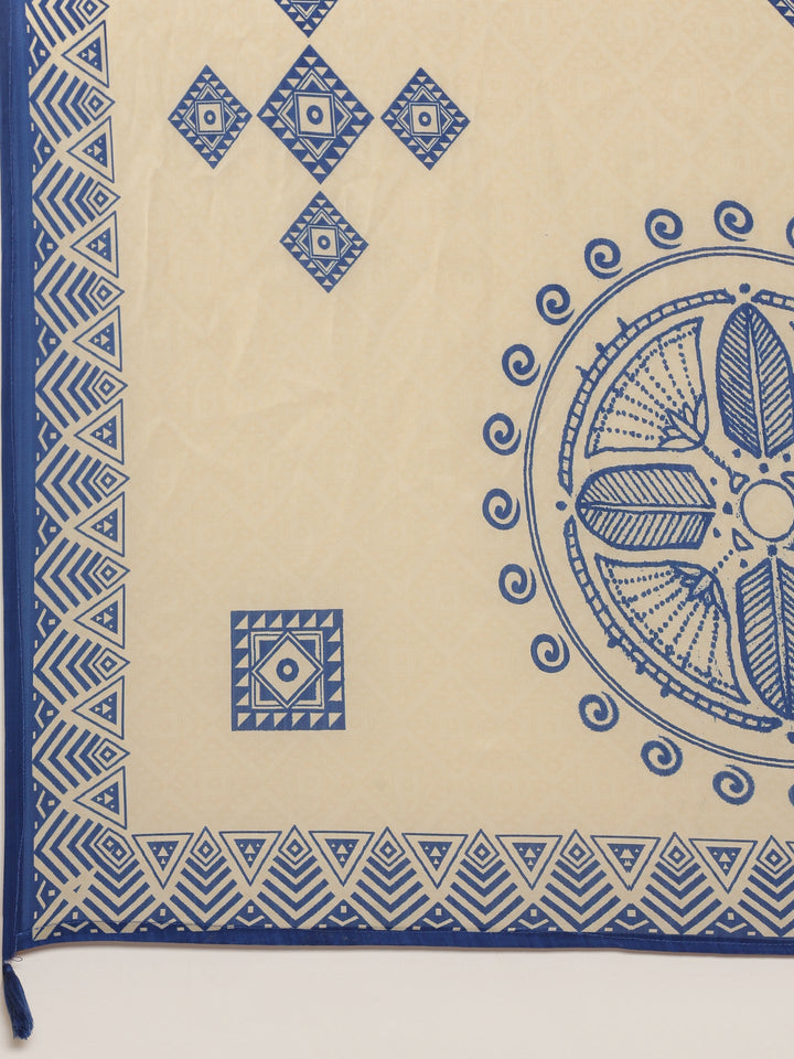 Blue Crepe Printed Three Piece Suit Set